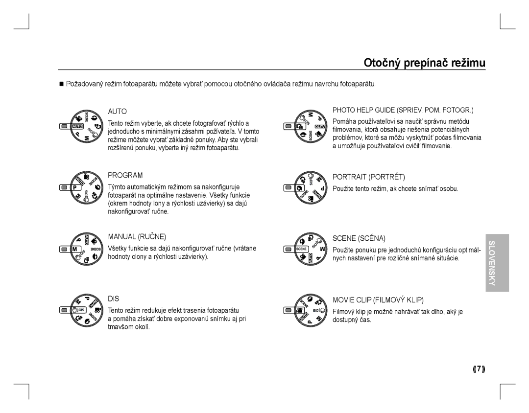 Samsung EC-S760ZUAA manual Otočný prepínač režimu, Manual Ručne, Portrait Portrét, Scene Scéna, Movie Clip Filmový Klip 