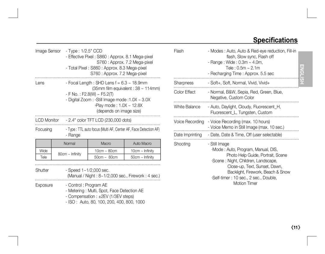 Samsung EC-S760ZSBA/E2, EC-S860ZSBA/FR, EC-S860U01KFR, EC-S760ZPDA/E3, EC-S860ZSDA/E3, EC-S860ZPDA/E3 manual Speciﬁcations 