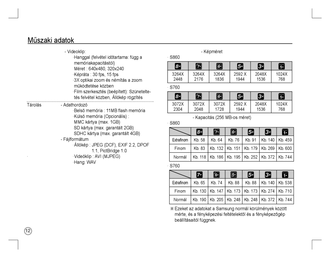 Samsung EC-S860ZPBB/AS, EC-S860ZSBA/FR, EC-S860U01KFR, EC-S760ZPDA/E3, EC-S860ZSDA/E3, EC-S860ZPDA/E3 manual Műszaki adatok 