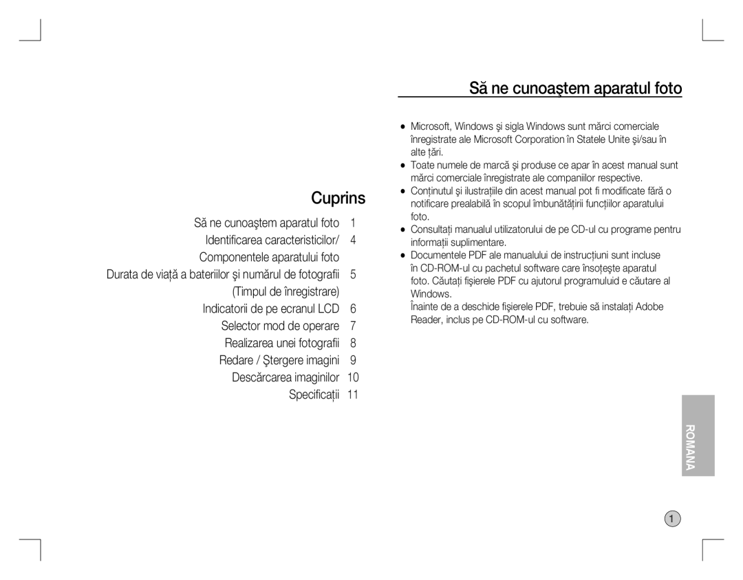 Samsung EC-S860ZSBA/RU manual Cuprins, Să ne cunoaştem aparatul foto, Durata de viaţă a bateriilor şi numărul de fotograﬁi 