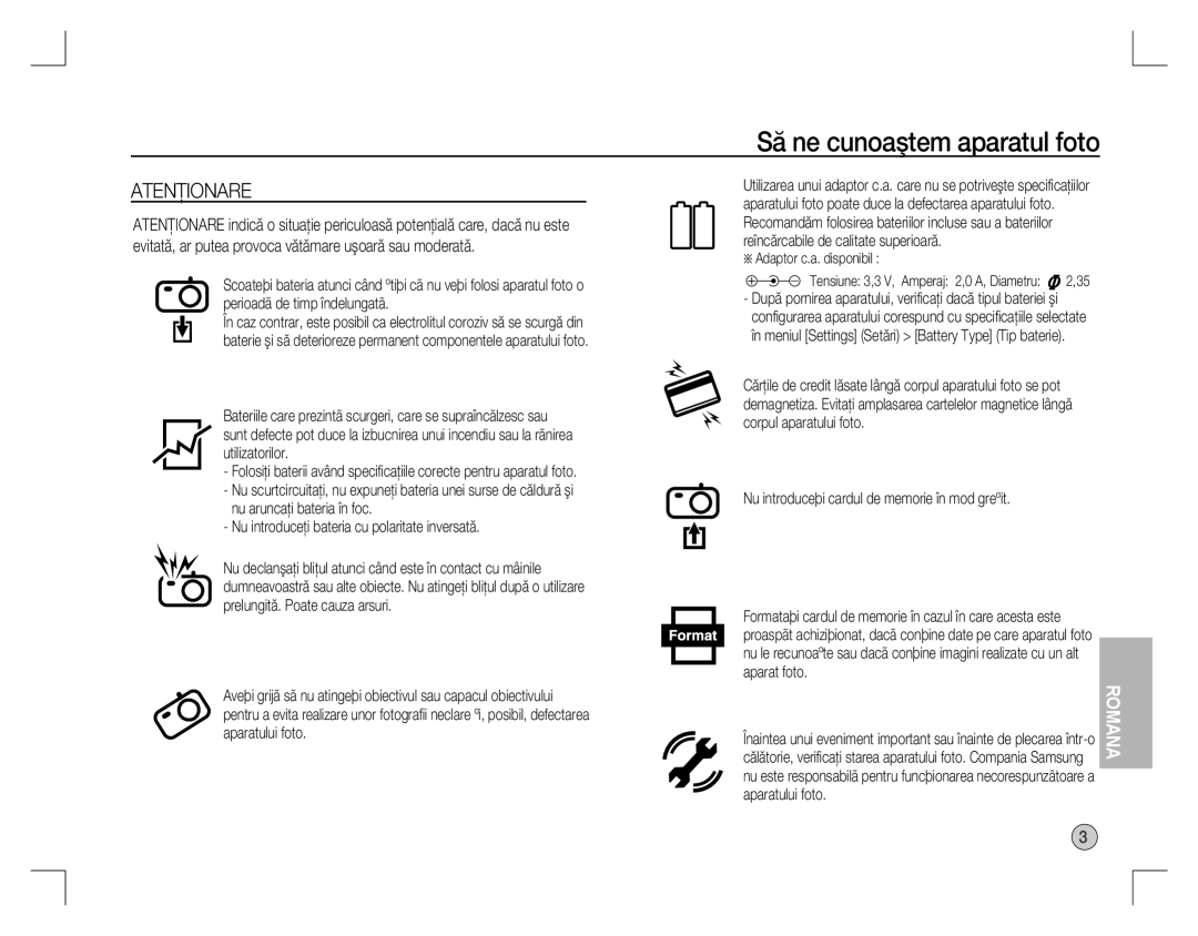 Samsung EC-S860ZSDC/AS manual Atenţionare, Nu introduceþi cardul de memorie în mod greºit, Aparat foto, Aparatului foto 