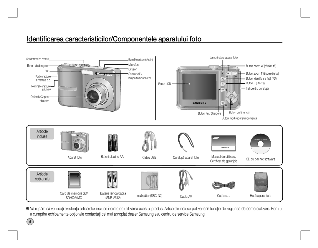 Samsung EC-S860ZUBA/TR, EC-S860ZSBA/FR Identiﬁcarea caracteristicilor/Componentele aparatului foto, Articole Opþionale 