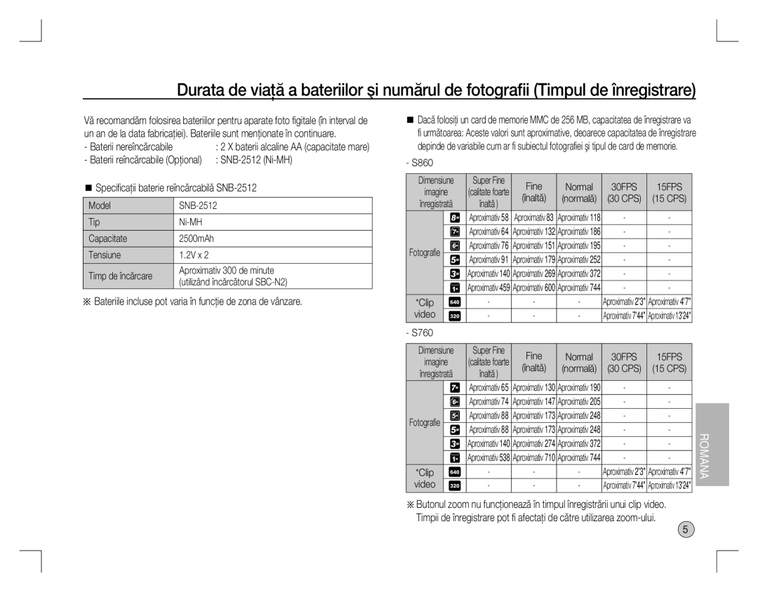 Samsung EC-S860ZUBA/TW Baterii reîncărcabile Opţional SNB-2512 Ni-MH, Speciﬁcaţii baterie reîncărcabilă SNB-2512, Video 