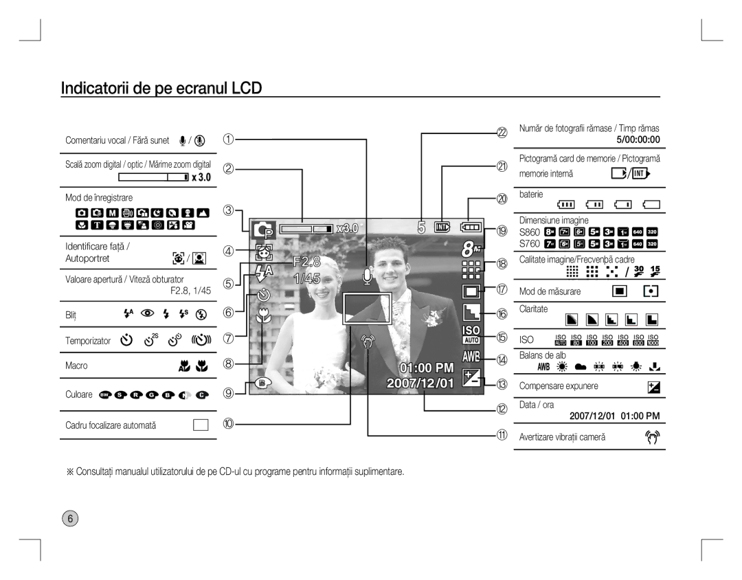 Samsung EC-S760ZBDD/AS, EC-S860ZSBA/FR, EC-S860U01KFR, EC-S860ZUAA Indicatorii de pe ecranul LCD, Mod de măsurare Claritate 