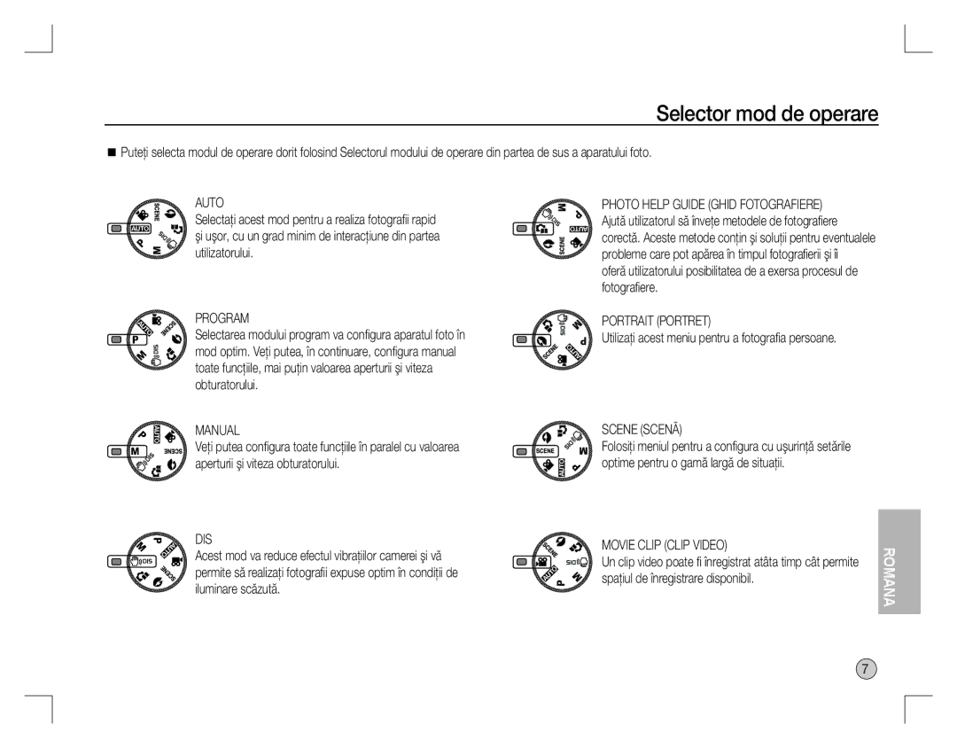 Samsung EC-S760ZPBB/MX, EC-S860ZSBA/FR manual Selector mod de operare, Portrait Portret, Scene Scenã, Movie Clip Clip Video 
