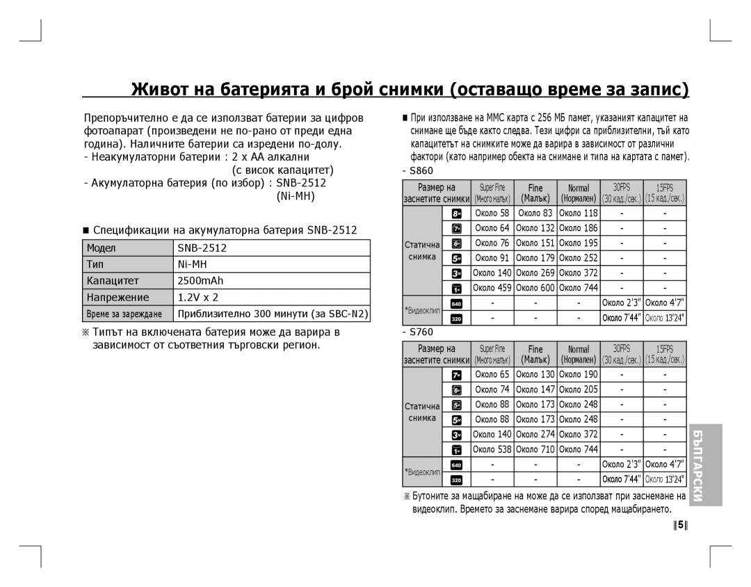 Samsung EC-S760ZBBA/MX, EC-S860ZSBA/FR, EC-S860U01KFR, EC-S860ZUAA Живот на батерията и брой снимки оставащо време за запис 