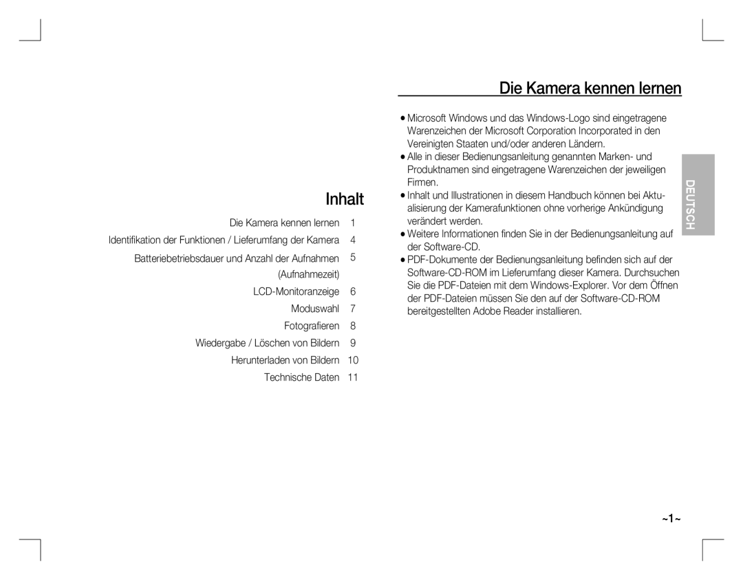 Samsung EC-S760ZUBA/FR, EC-S860ZSBA/FR, EC-S860U01KFR, EC-S760ZPDA/E3, EC-S860ZSDA/E3 manual Inhalt, Die Kamera kennen lernen 