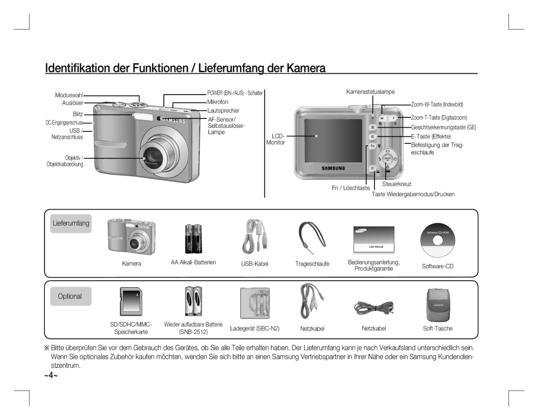 Samsung EC-S860ZUBA/FR, EC-S860ZSBA/FR, EC-S860U01KFR manual Identiﬁkation der Funktionen / Lieferumfang der Kamera, Optional 