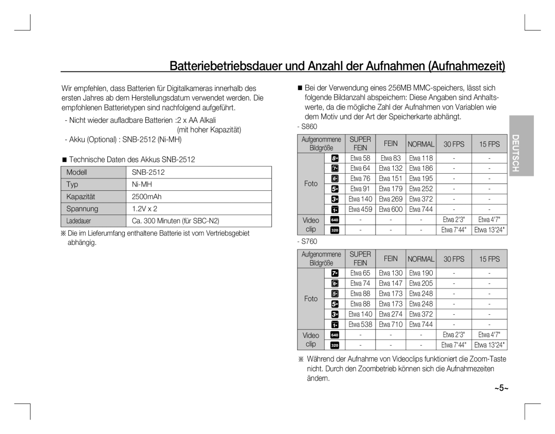 Samsung EC-S860ZBBA/FR, EC-S860ZSBA/FR manual Batteriebetriebsdauer und Anzahl der Aufnahmen Aufnahmezeit, FPS 15 FPS, S760 