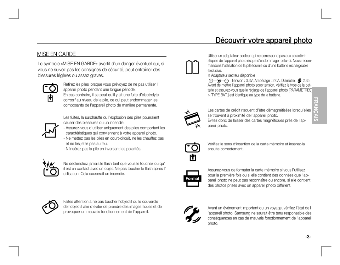 Samsung EC-S860ZUBA/E1 manual Mise EN Garde, Adaptateur secteur disponible, Se trouvent à proximité de l’appareil photo 