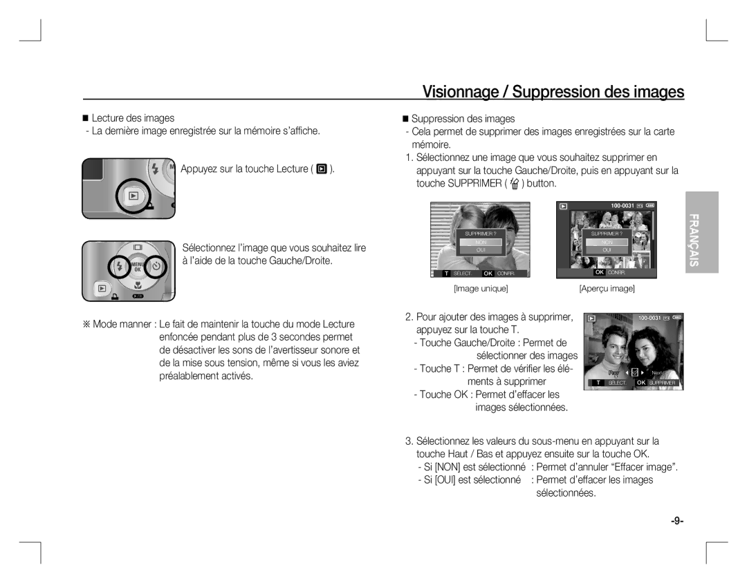 Samsung EC-S760ZPBB/E1 manual Visionnage / Suppression des images, Touche T Permet de vériﬁ er les élé- ments à supprimer 