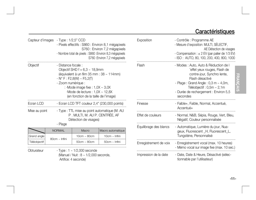 Samsung EC-S760ZPBA/E1, EC-S860ZSBA/FR, EC-S860U01KFR, EC-S760ZPDA/E3, EC-S860ZSDA/E3, EC-S860ZPDA/E3 manual Caractéristiques 