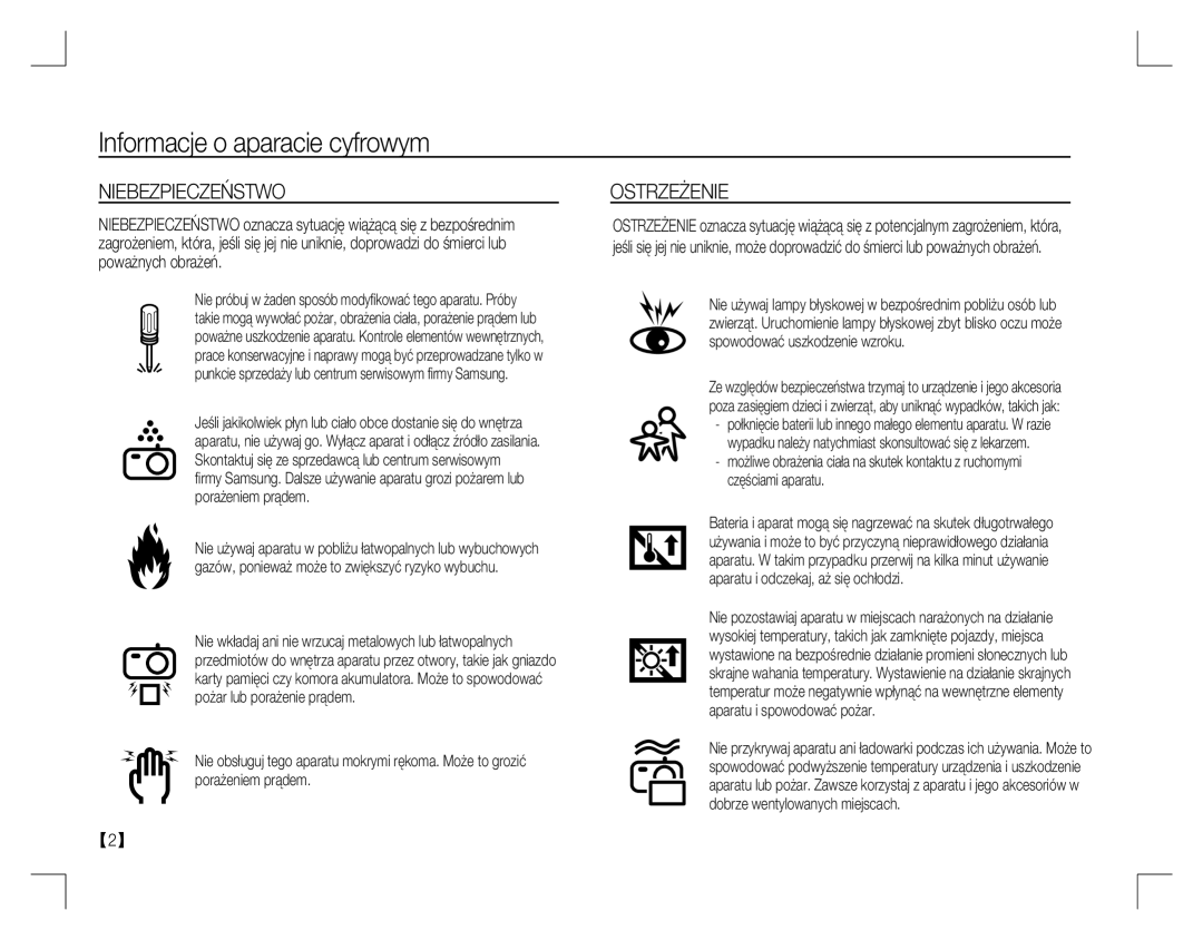 Samsung EC-S860ZSBB/MX, EC-S860ZSBA/FR, EC-S860U01KFR, EC-S760ZPDA/E3, EC-S860ZSDA/E3 manual Niebezpieczeństwo, Ostrzeżenie 