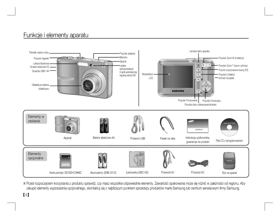 Samsung EC-S860ZSDA/AS, EC-S860ZSBA/FR, EC-S860U01KFR, EC-S760ZPDA/E3 manual Funkcje i elementy aparatu, Elementy w zestawie 