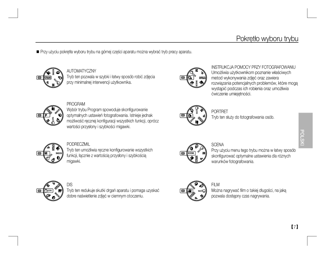 Samsung EC-S860ZUBA/RU, EC-S860ZSBA/FR, EC-S860U01KFR manual Pokrętło wyboru trybu, Automatyczny, Podreczmil, Portret, Film 