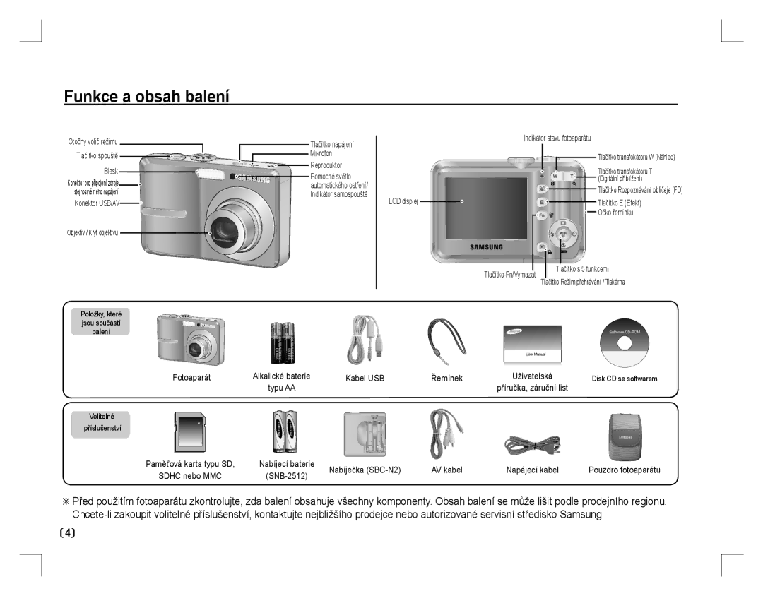 Samsung EC-S860ZUBA/IN, EC-S860ZSBA/FR, EC-S860U01KFR, EC-S760ZPDA/E3, EC-S860ZSDA/E3, EC-S860ZPDA/E3 Funkce a obsah balení 