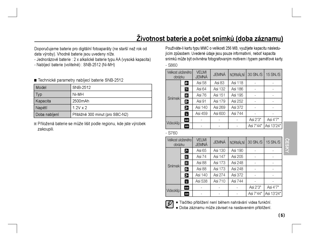 Samsung EC-S860ZSBA/IN, EC-S860ZSBA/FR, EC-S860U01KFR manual Životnost baterie a počet snímků doba záznamu, Asi Snímek 