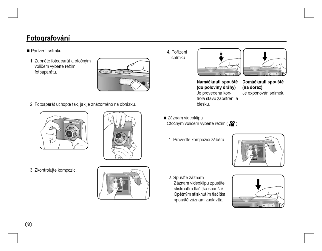 Samsung EC-S860ZBBB/AR, EC-S860ZSBA/FR manual Fotografování, Pořízení snímku, Je provedena kon, Blesku Záznam videoklipu 