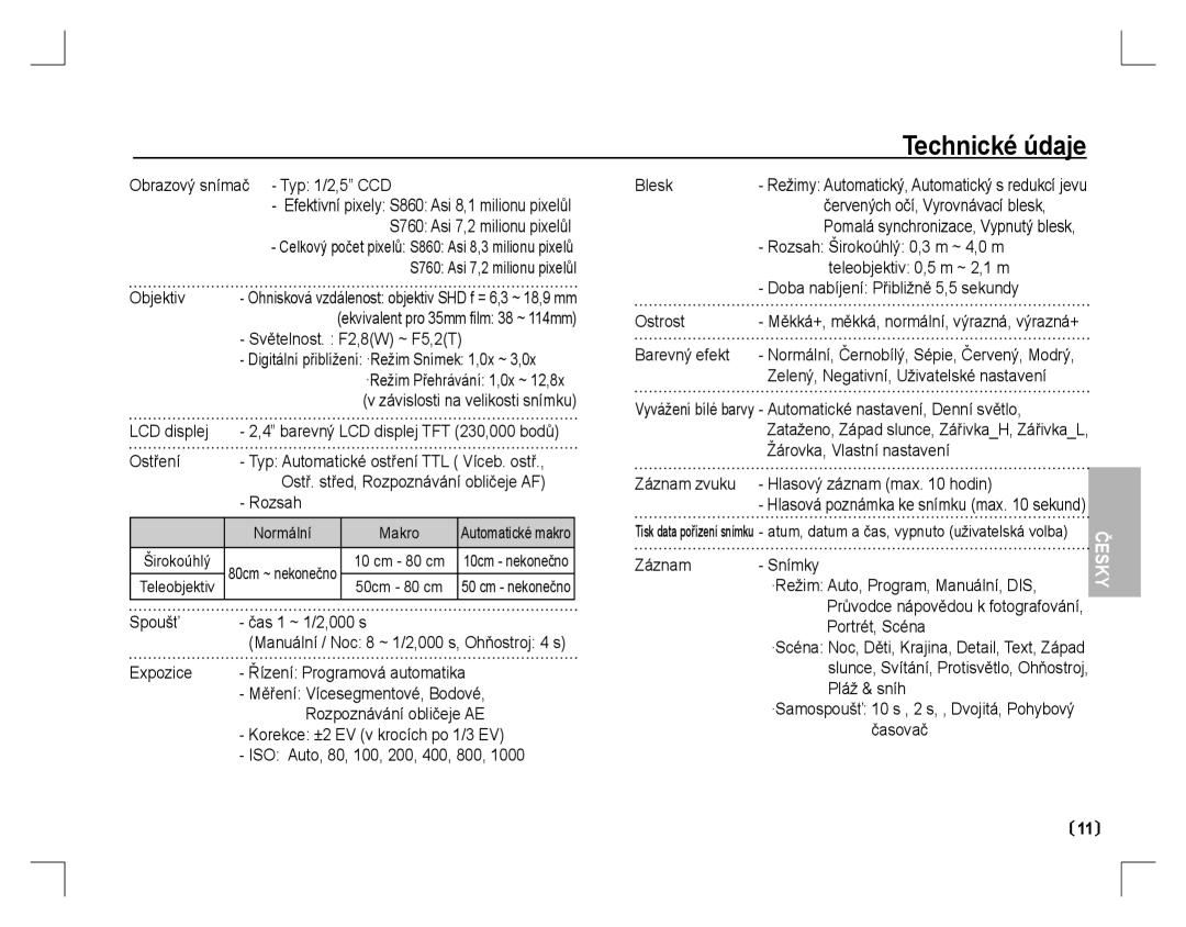 Samsung EC-S860ZBBB/AS, EC-S860ZSBA/FR, EC-S860U01KFR, EC-S760ZPDA/E3, EC-S860ZSDA/E3, EC-S860ZPDA/E3 manual Technické údaje 