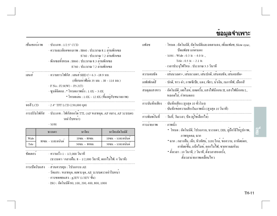 Samsung EC-S760ZSBA/TR, EC-S860ZSBA/FR, EC-S860U01KFR, EC-S760ZPDA/E3 ข้อมูลจำเพาะ, เทียบเท่าฟิล์ม35 มม ~ No. F2.8W ~ F5.2T 