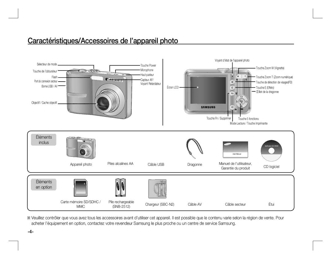 Samsung EC-S860ZUBA/FR, EC-S860ZUAA Caractéristiques/Accessoires de l’appareil photo, Éléments Inclus, Éléments en option 