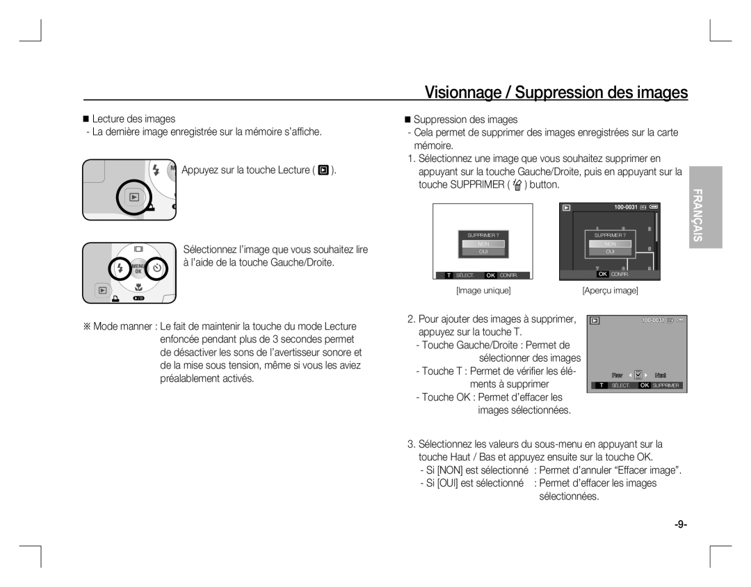 Samsung EC-S760ZSBA/FR manual Visionnage / Suppression des images, Touche T Permet de vériﬁ er les élé- ments à supprimer 