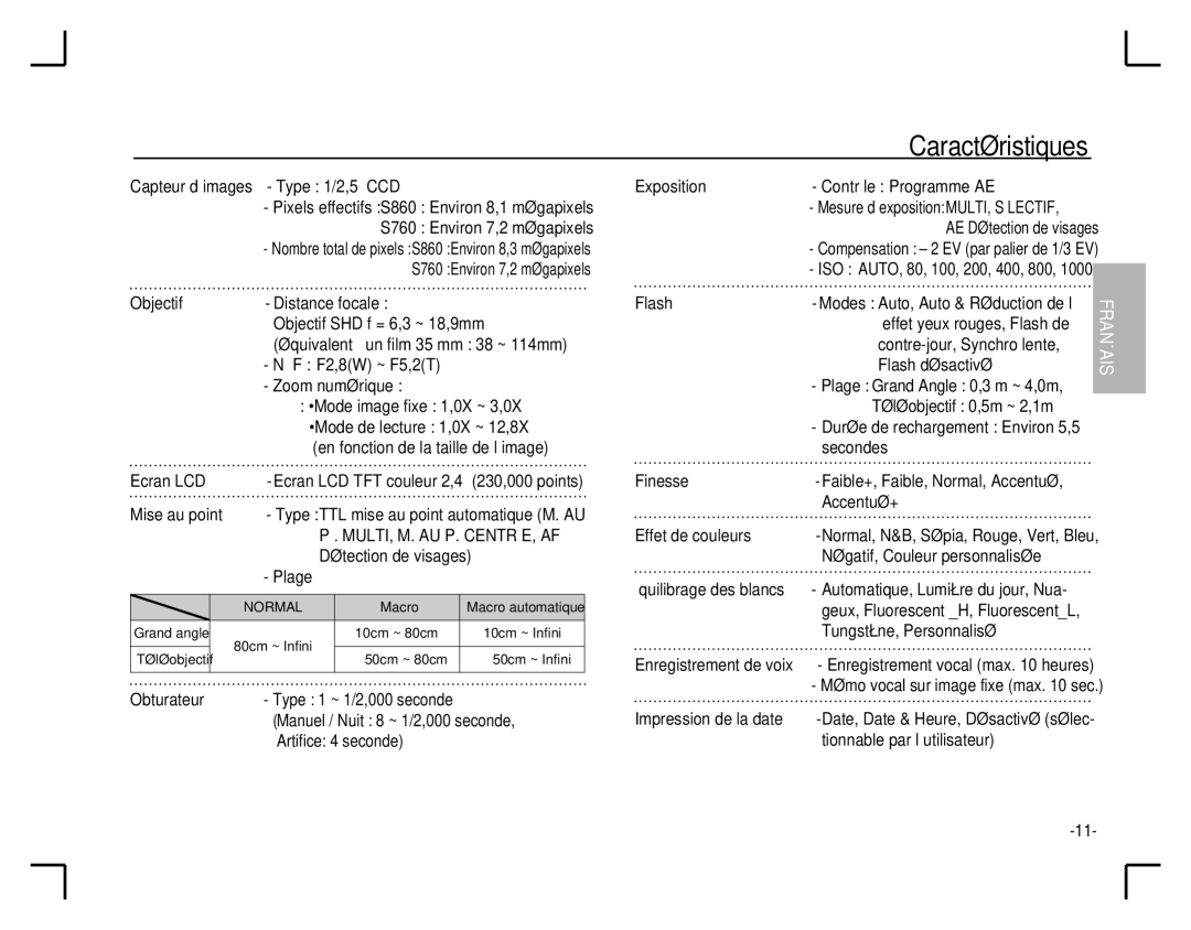 Samsung EC-S860ZBBA/IT, EC-S860ZSBA/FR, EC-S860U01KFR, EC-S760ZPDA/E3, EC-S860ZSDA/E3, EC-S860ZPDA/E3 manual Caractéristiques 