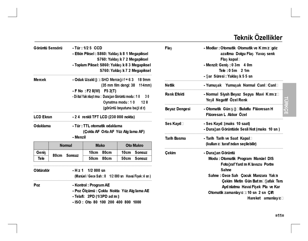 Samsung EC-S760ZPBA/E1, EC-S860ZSBA/FR, EC-S860U01KFR, EC-S760ZPDA/E3, EC-S860ZSDA/E3, EC-S860ZPDA/E3 manual Teknik Özellikler 