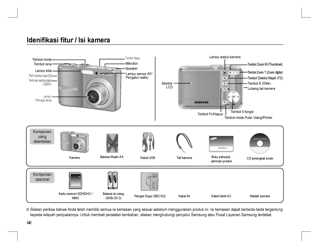 Samsung EC-S860ZSDA/AS, EC-S860ZSBA/FR manual Ideniﬁkasi ﬁtur / Isi kamera, Komponen Yang Disertakan, Komponen Opsional 