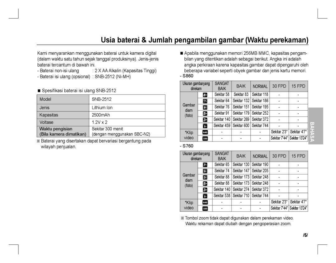 Samsung EC-S860ZUAA, EC-S860ZSBA/FR manual Usia baterai & Jumlah pengambilan gambar Waktu perekaman, FPD 15 FPD, Video 