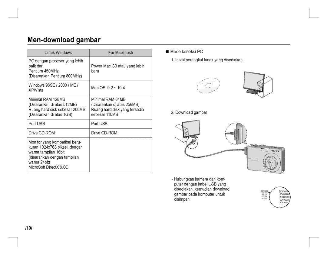 Samsung EC-S760ZBBB/AU Men-download gambar, Mode koneksi PC, Untuk Windows For Macintosh, Ruang hard disk yang tersedia 