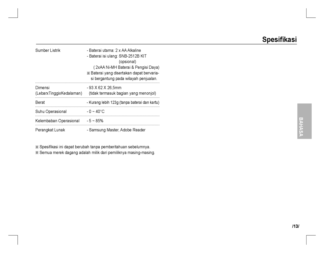 Samsung EC-S760ZSBA/IN, EC-S860ZSBA/FR, EC-S860U01KFR, EC-S760ZPDA/E3, EC-S860ZSDA/E3 manual Dimensi 93 X 62 X 26,5mm, Berat 