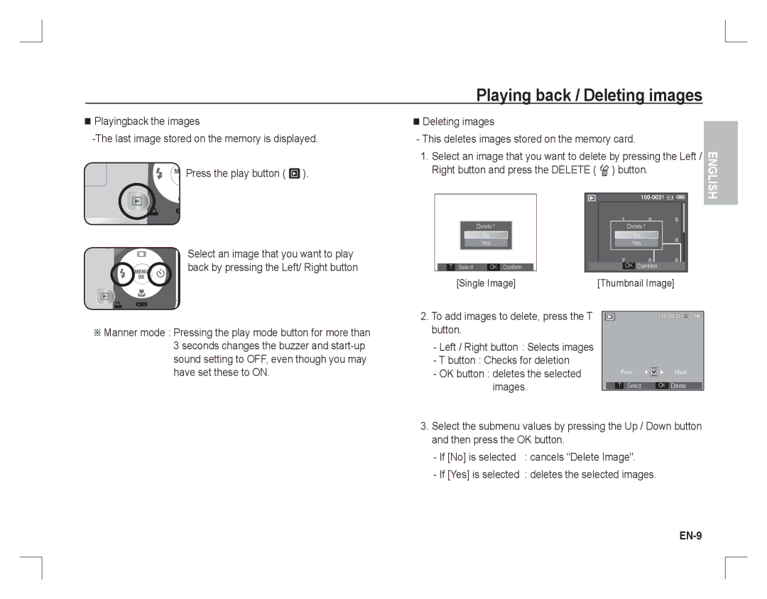 Samsung EC-S760ZUDA/E3 manual Right button and press the Delete Õ button, To add images to delete, press the T button, EN-9 