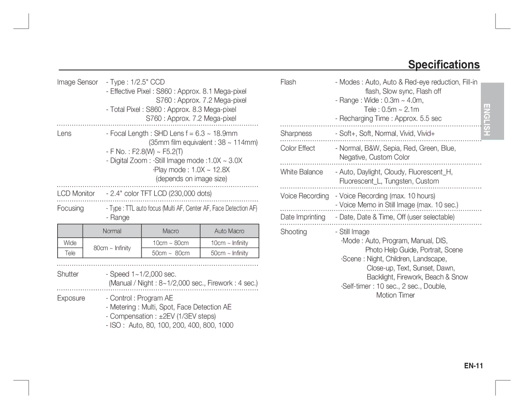 Samsung EC-S760ZSBA/E2, EC-S860ZSBA/FR, EC-S860U01KFR, EC-S760ZPDA/E3, EC-S860ZSDA/E3, EC-S860ZPDA/E3 Speciﬁcations, EN-11 