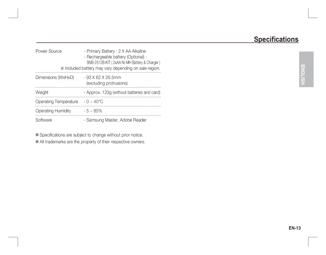 Samsung EC-S760ZBDA/E3, EC-S860ZSBA/FR, EC-S860U01KFR, EC-S760ZPDA/E3 manual Power Source, ~ 40C, EN-13, Operating Temperature 