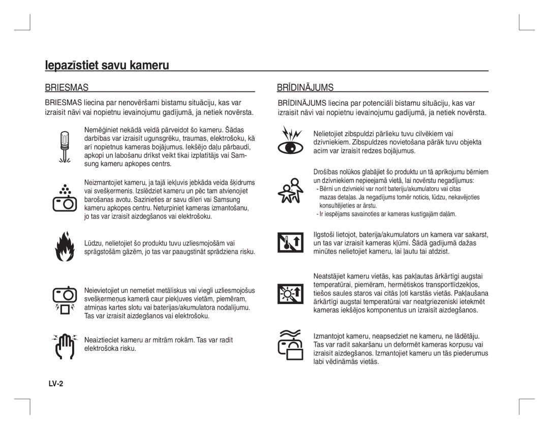 Samsung EC-S760ZBBA/IT, EC-S860ZSBA/FR, EC-S860U01KFR manual LV-2, Ir iespējams savainoties ar kameras kustīgajām daļām 