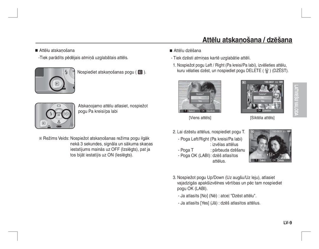 Samsung EC-S760ZPBB/E1 manual Attēlu atskaņošana / dzēšana, Poga Left/Right Pa kreisi/Pa labi Izvēlas attēlus Poga T, LV-9 