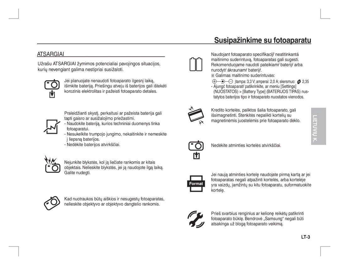 Samsung EC-S760ZUBA/AS, EC-S860ZSBA/FR, EC-S860U01KFR manual LT-3, Magnetinėmis juostelėmis prie fotoaparato dėklo. Lietuvių 