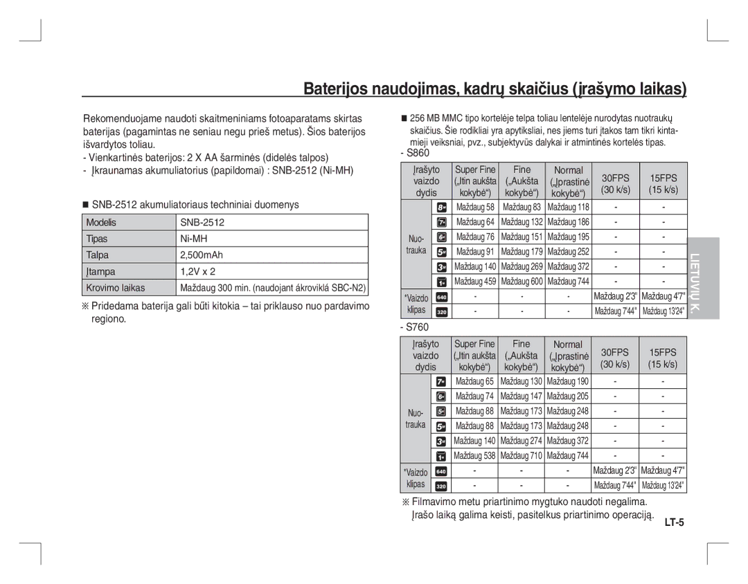 Samsung EC-S760ZBBA/GB, EC-S860ZSBA/FR, EC-S860U01KFR manual Baterijos naudojimas, kadrų skaičius įrašymo laikas, Įrašyto 