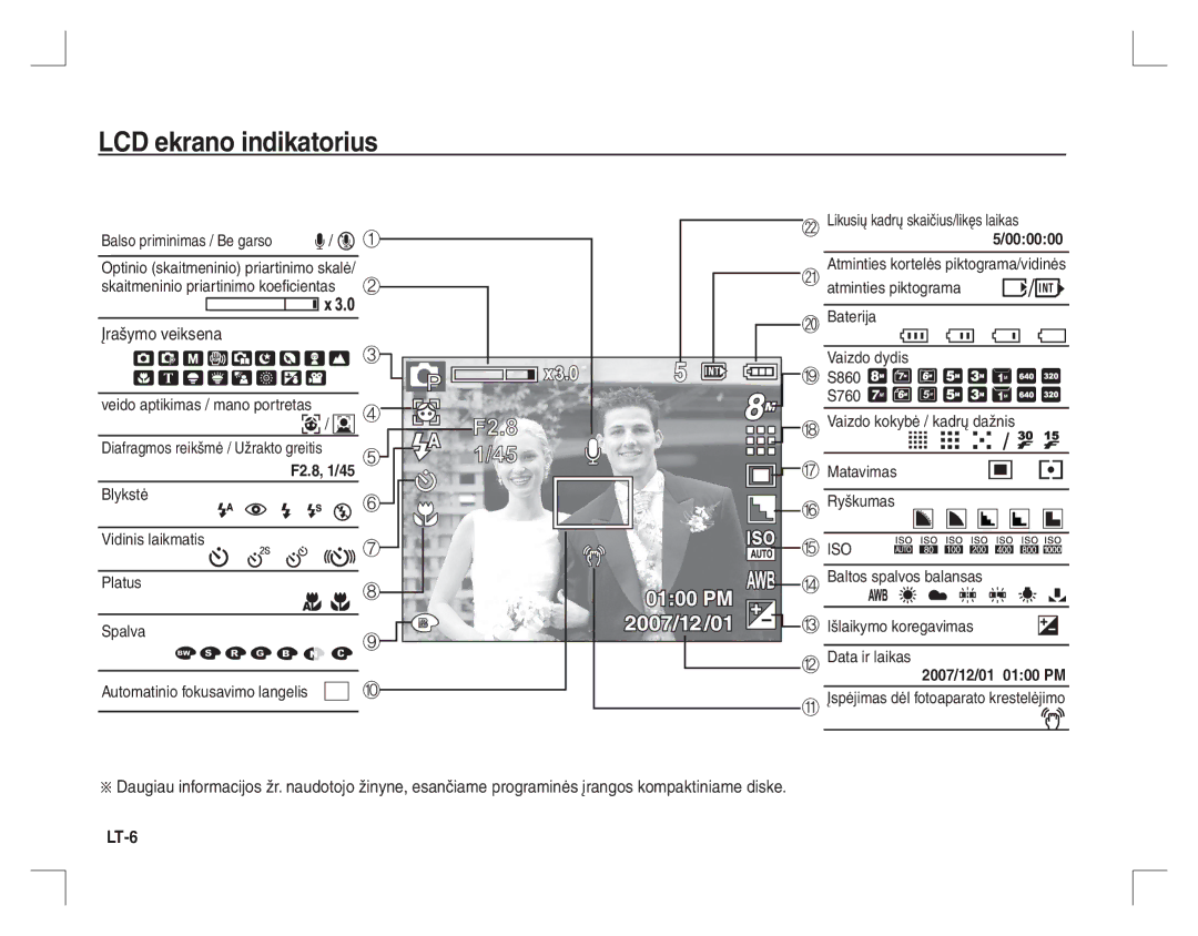 Samsung EC-S860ZSBA/GB, EC-S860U01KFR LCD ekrano indikatorius, Įrašymo veiksena, LT-6, Likusių kadrų skaičius/likęs laikas 