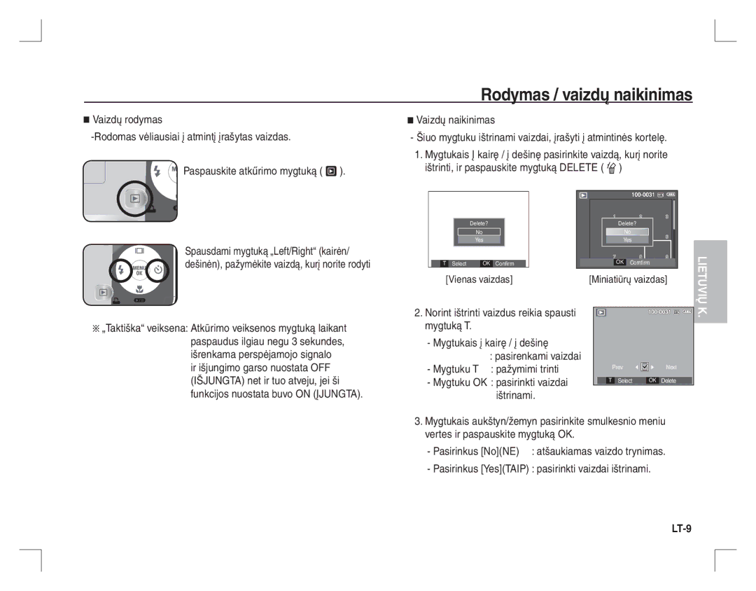 Samsung EC-S760ZSBA/AS, EC-S860ZSBA/FR, EC-S860U01KFR, EC-S760ZPDA/E3 manual Rodymas / vaizdų naikinimas, LT-9, Vienas vaizdas 