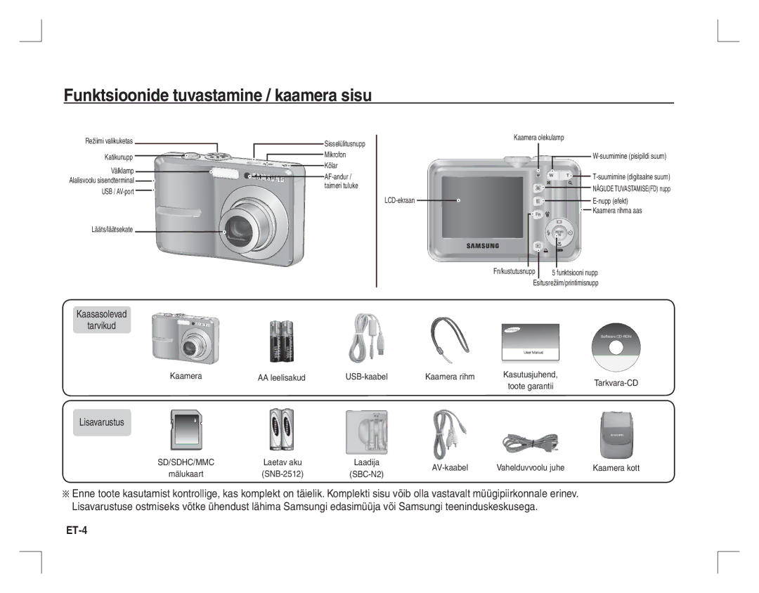 Samsung EC-S860ZSDA/AS, EC-S860ZSBA/FR Funktsioonide tuvastamine / kaamera sisu, ET-4, Kaasasolevad Tarvikud, Lisavarustus 