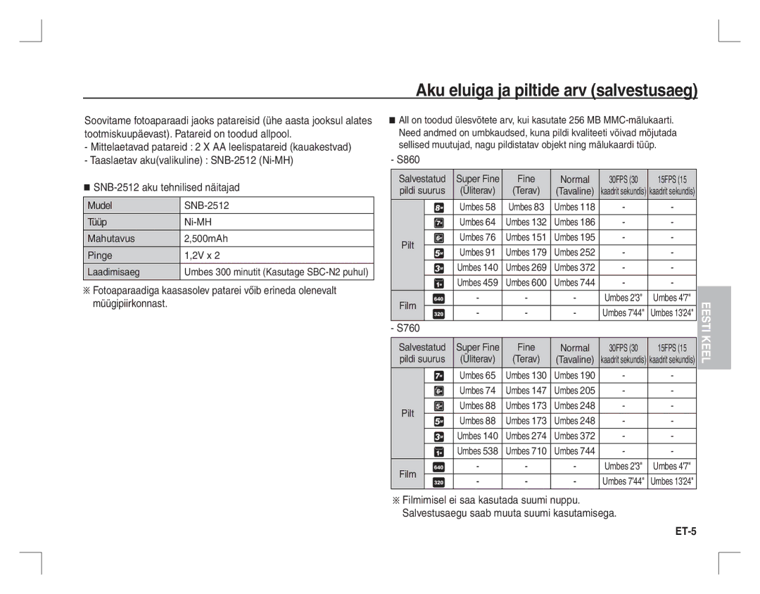 Samsung EC-S860ZUAA, EC-S860ZSBA/FR, EC-S860U01KFR Aku eluiga ja piltide arv salvestusaeg, ET-5, Pildi suurus, Pilt, Film 