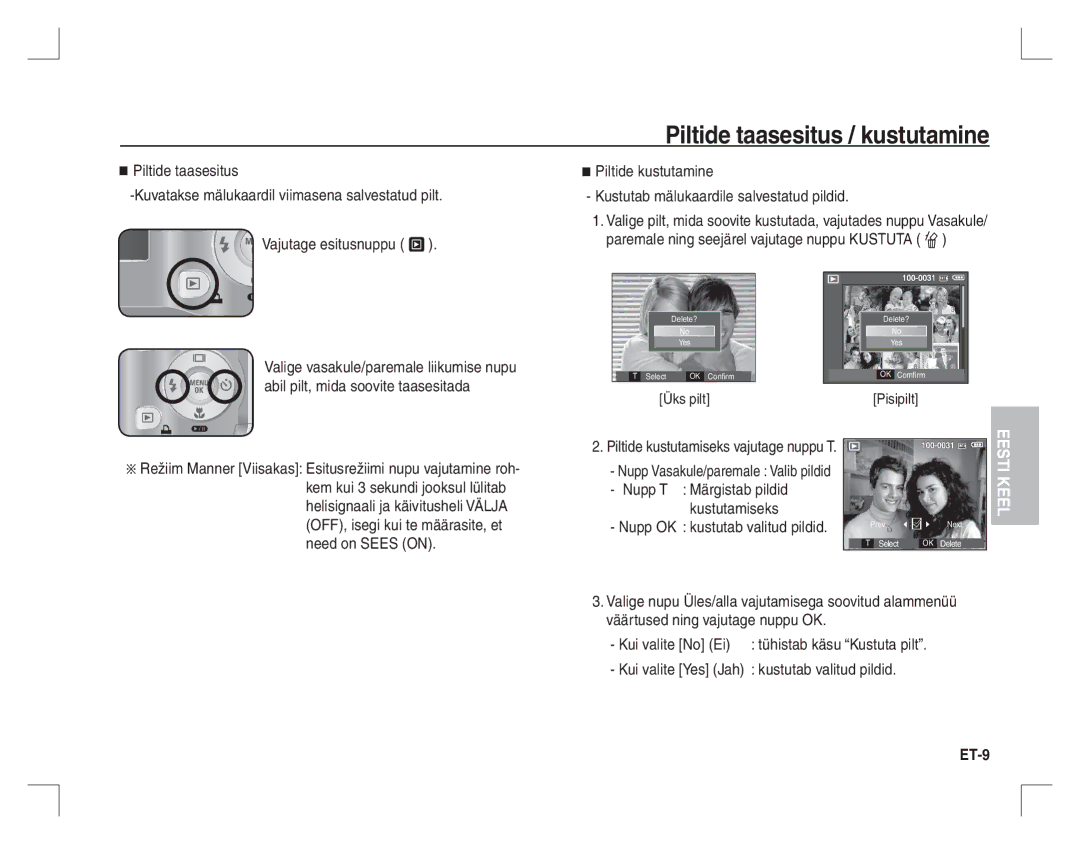 Samsung EC-S860ZPBC/E1, EC-S860ZSBA/FR, EC-S860ZUAA Piltide taasesitus / kustutamine, Nupp OK kustutab valitud pildid, ET-9 