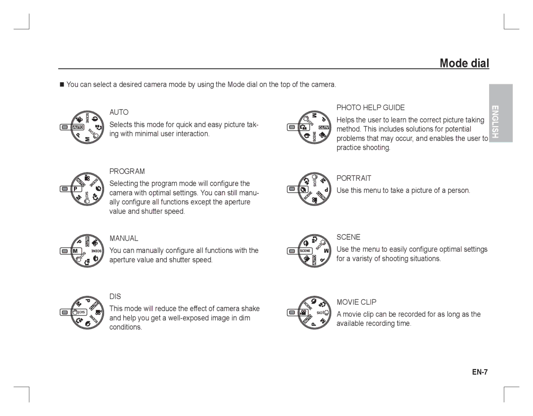 Samsung EC-S760B01KFR, EC-S860ZSBA/FR, EC-S860U01KFR manual Mode dial, Use this menu to take a picture of a person, EN-7 