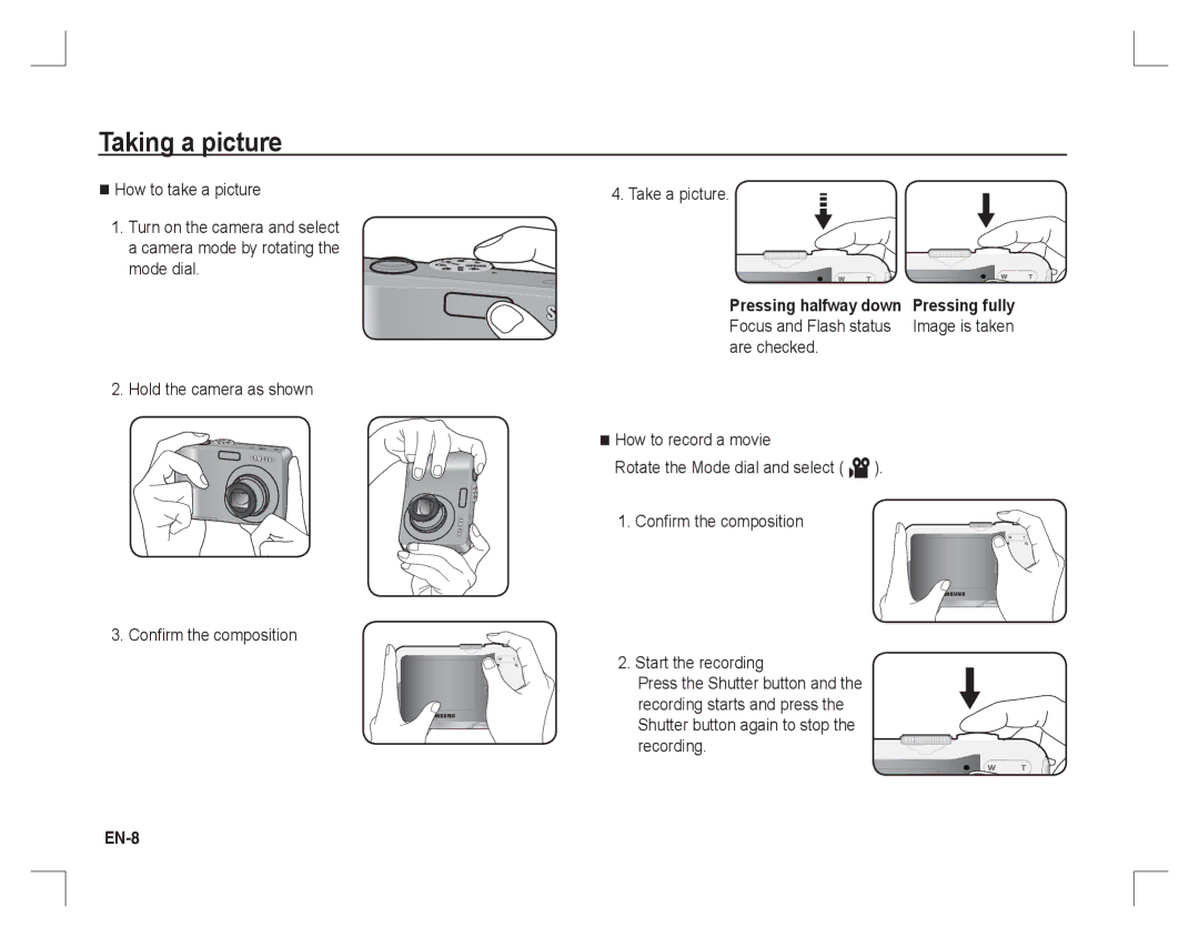 Samsung EC-S860S01KFR, EC-S860ZSBA/FR, EC-S860U01KFR Taking a picture, Shutter button again to stop the recording, EN-8 