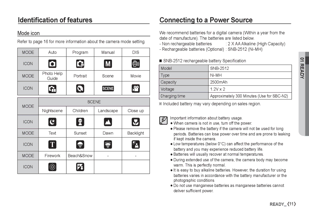 Samsung EC-S760ZUDA/E3 Connecting to a Power Source, Mode icon, Included battery may vary depending on sales region, Guide 