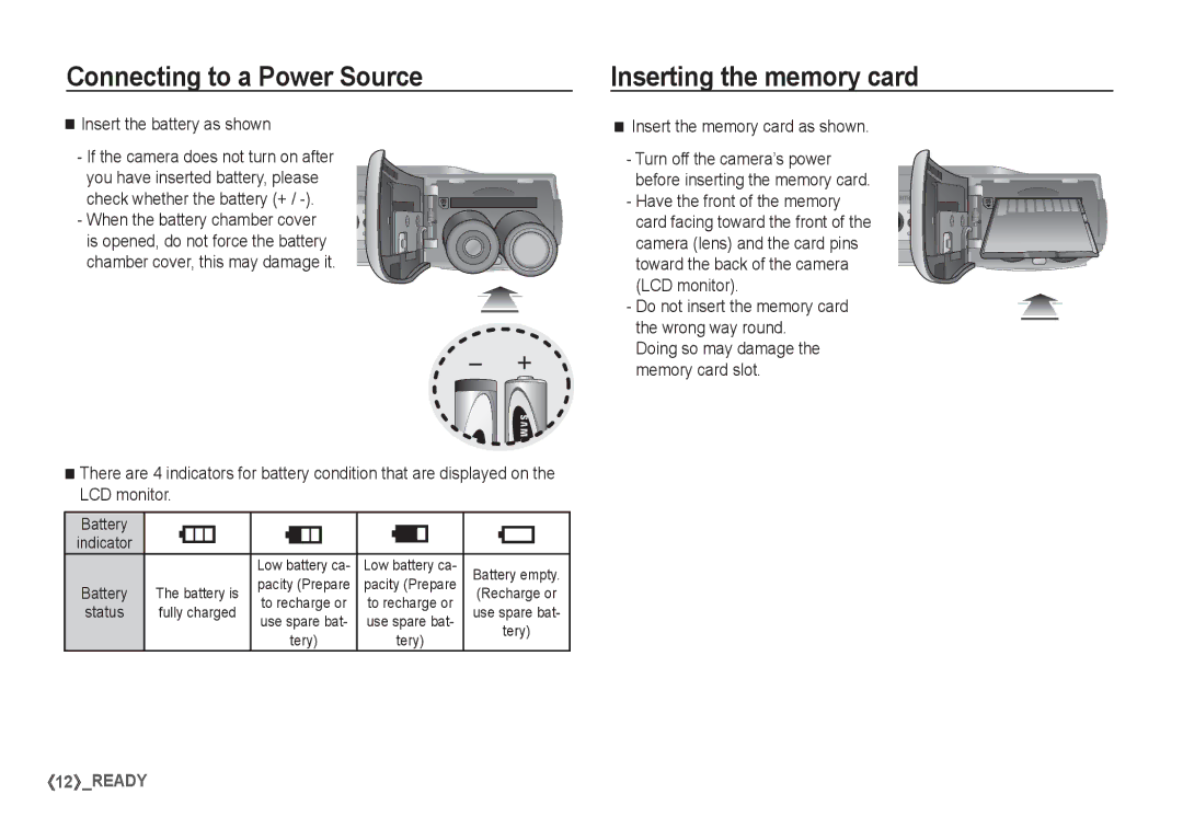 Samsung EC-S760ZSBA/GB manual Inserting the memory card, Insert the battery as shown, Insert the memory card as shown 