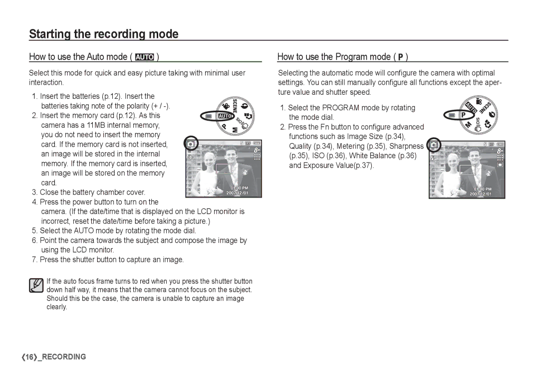 Samsung EC-S760P01KFR, EC-S860ZSBA/FR Starting the recording mode, How to use the Auto mode μ, How to use the Program mode 