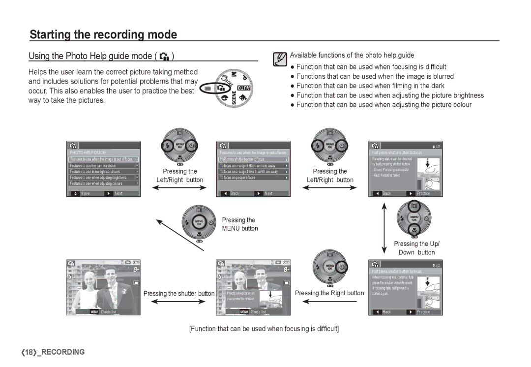 Samsung EC-S860ZPBA/FR manual Using the Photo Help guide mode `, Pressing Left/Right button, Pressing the Up Down button 